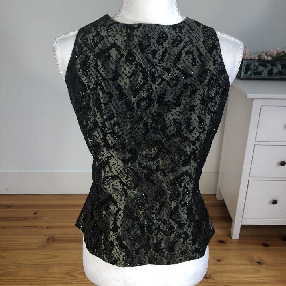 Vtg 90's Betsy Lauren Olive Green Evening Blouse Taffeta 8 Embossed Velvet NYE